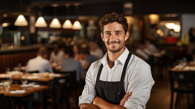 Portrait of a Smiling Chef in a Busy Restaurant