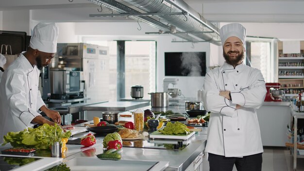 Photo portrait of smiling chef standing in kitchen