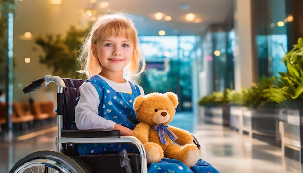 Портрет улыбающейся девочки с светлыми волосами в инвалидной коляске с гипсом на руке