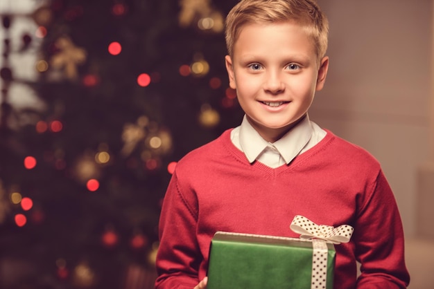 Portrait of smiling child with christmas gift in hands looking at camera