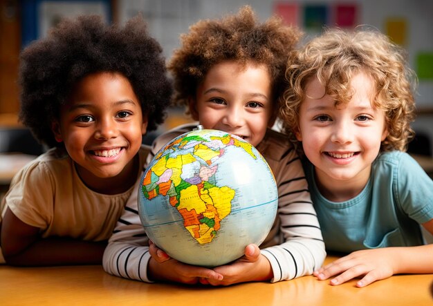 Foto portrait of smiling children looking at camera and holding globe in classroom