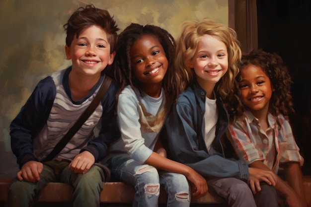 Portrait of smiling children sitting on steps in living room at home Portrait of happy young students AI Generated