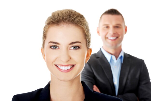 Photo portrait of smiling colleagues against white background