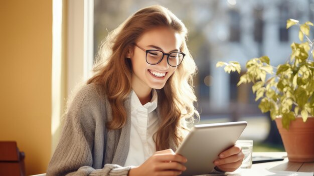 Portrait of smiling college students using digital tablet for studying Created with Generative Ai Technology