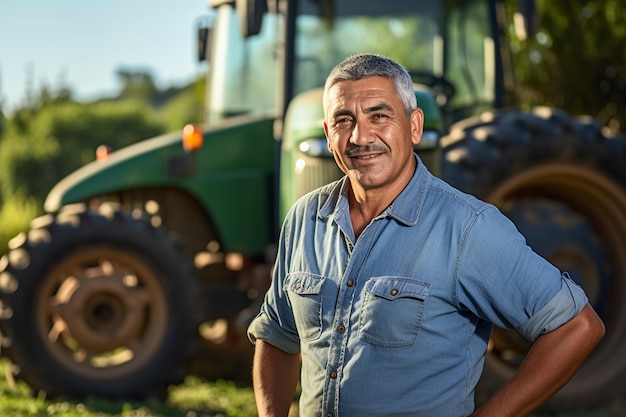 Foto ritratto di un agricoltore maschio sorridente e sicuro in piedi davanti al suo raccolto generativo di ai