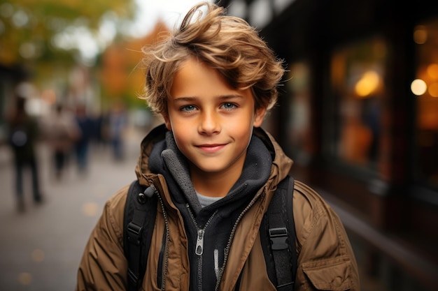 Portrait of smiling confident teenager with school bag outdoors on blurred autumn background closeup Teen boy back to school