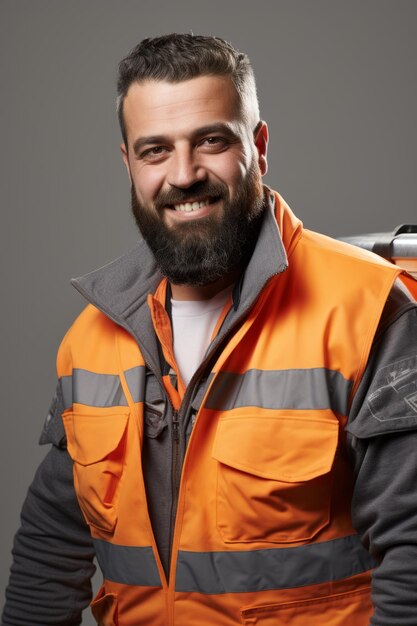 Foto ritratto di un costruttore sorridente che indossa un casco e un giubbotto di sicurezza