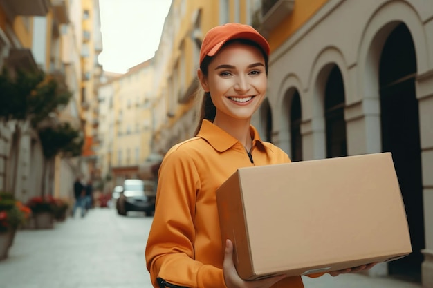 Foto ritratto di una donna corriere sorridente per strada che consegna un pacco