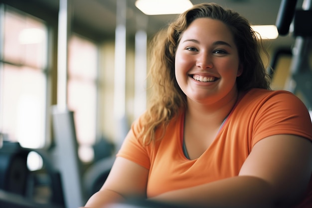 Photo portrait of a smiling curvy young woman exercising on a treadmill in a gym