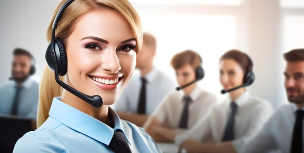 Portrait of smiling customer support phone operator at office call center and customer service