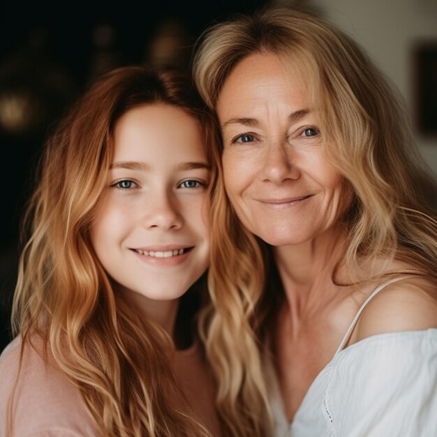 Portrait of a smiling cute little girl hug cuddle excited smiling young mum show love and affection