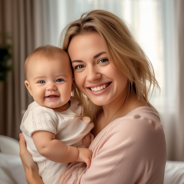 Portrait of a smiling cute little girl hug cuddle excited smiling young mum show love and affection