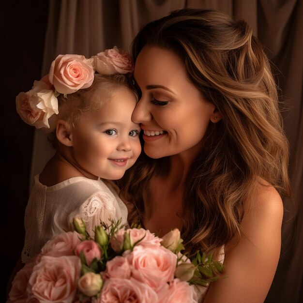 Portrait of a smiling cute little girl hug cuddle excited smiling young mum show love and affection