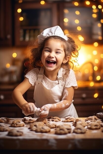 Portrait of smiling cute little girl preparing cookies for baking Baking concept