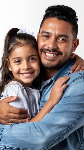 portrait of smiling dad and daughter hugging in love on white background for happy fathers day