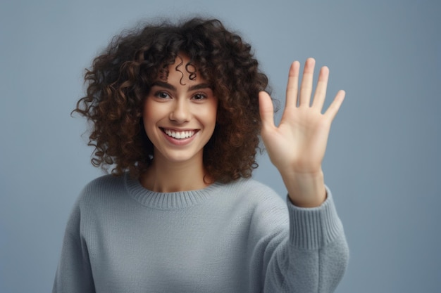 Portrait Of Smiling DarkHaired Curly Woman On Copy Space Young Beautiful African American Woman Waving Her Hand and Greeting Somebody Generative AI