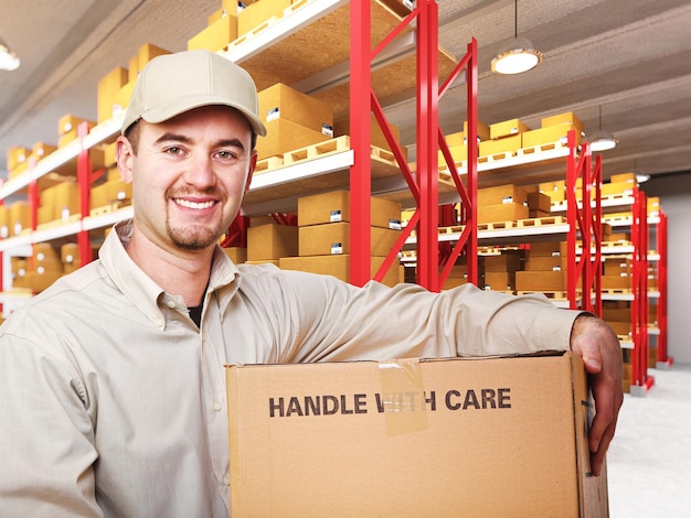 Foto ritratto di un consegnatore sorridente che tiene una scatola in un magazzino