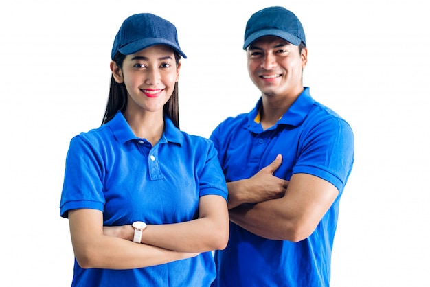 Portrait of smiling deliveryman and woman with crossed arms  in blue uniform isolated