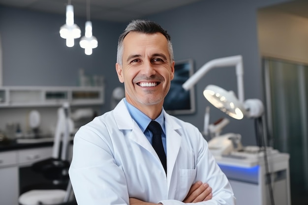 Portrait of a smiling dentist in a white coat in a dental office