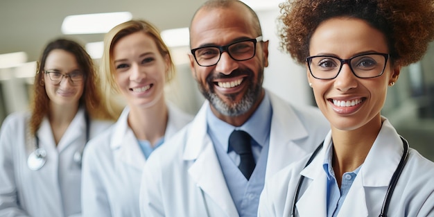 Photo portrait of smiling doctors standing in hospital corridor with colleagues in background