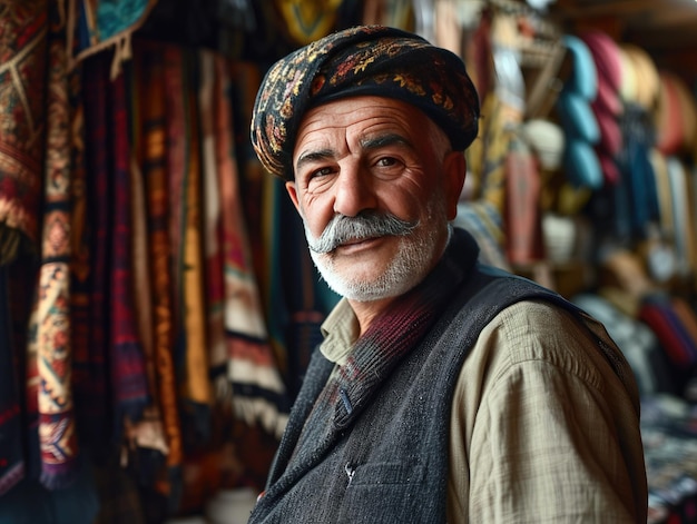 Portrait of a smiling elderly man in a traditional hat at a marketplace