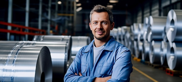 Photo portrait of smiling engineer with rolls of galvanized