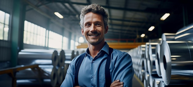 Photo portrait of smiling engineer with rolls of galvanized