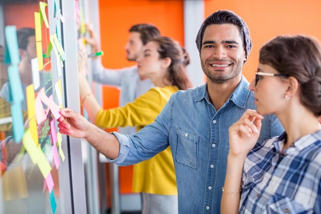 Portrait of smiling executives reading sticky notes on glass wall