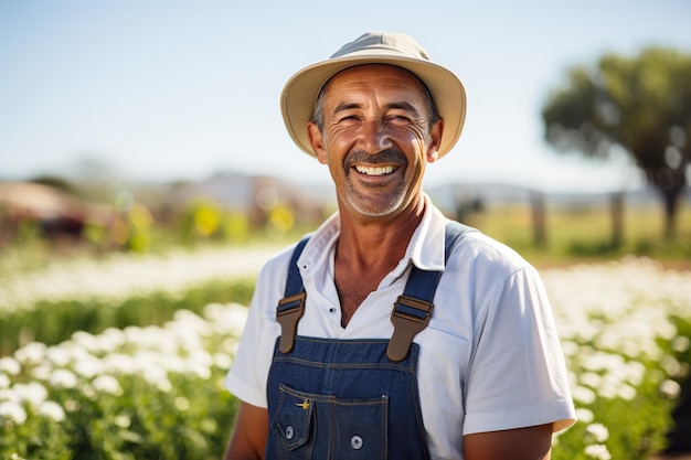 Portrait of a smiling farmer standing in a field of daisies