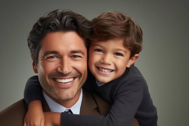 Portrait of a smiling father and son looking at the camera Ai generated