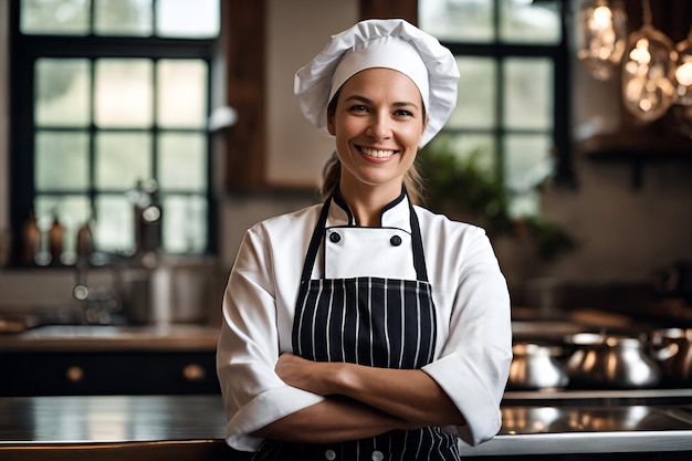 Portrait of a smiling female chef with hands crossed in the kitchen