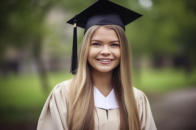 生成AIで作成された、キャンパス外で笑顔の女子大生のポートレート