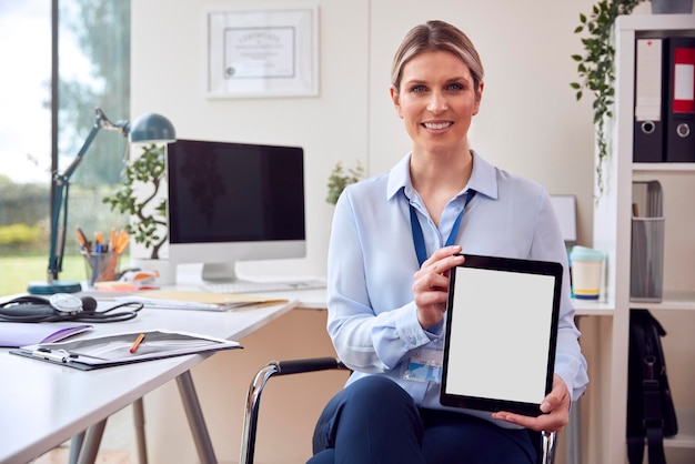 デジタルタブレットを保持しているオフィスの机に座っている笑顔の女性医師またはGPの肖像画