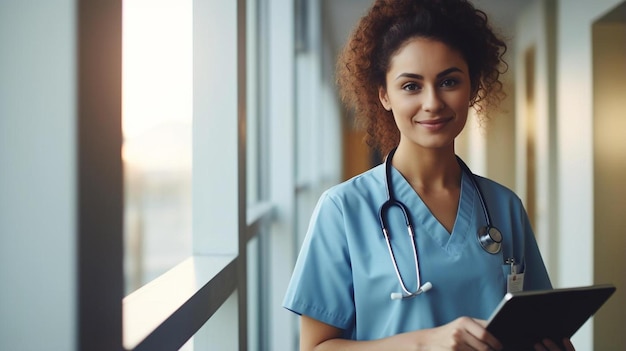 Photo portrait of smiling female doctor holding digital tablet and pen standing against window at hospital