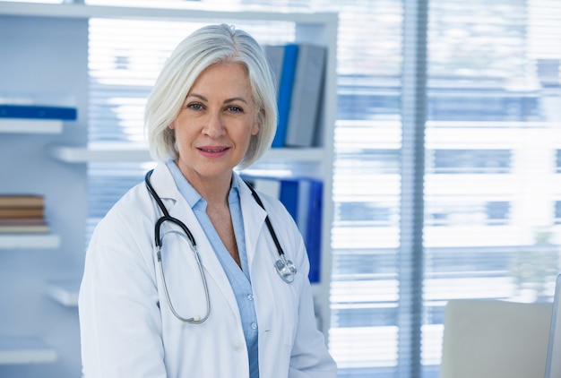 Portrait of a smiling female doctor sitting at desk