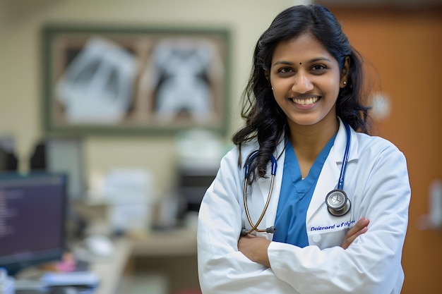 Photo portrait of smiling female doctor standing with arms crossed in medical office