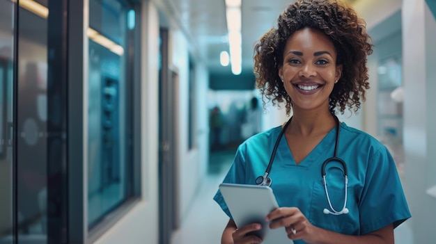 Portrait Of Smiling Female Doctor Wearing Scrubs In Hospital Corridor Holding Digital Tablet