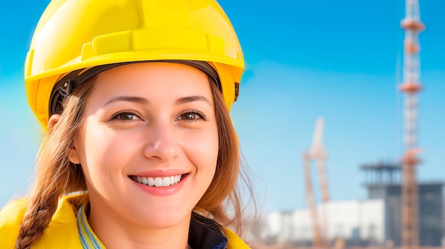 Photo portrait of a smiling female engineer on a construction site