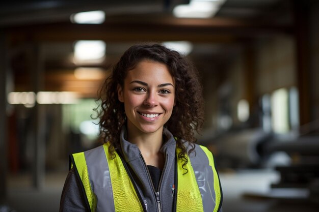 Photo portrait of smiling female engineer on site wearing hard hat high vis vest and ppe