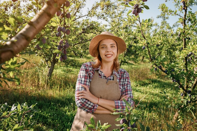 Portrait of smiling female farmer worker crop picking fresh ripe plums in orchard garden during autumn harvest Harvesting time