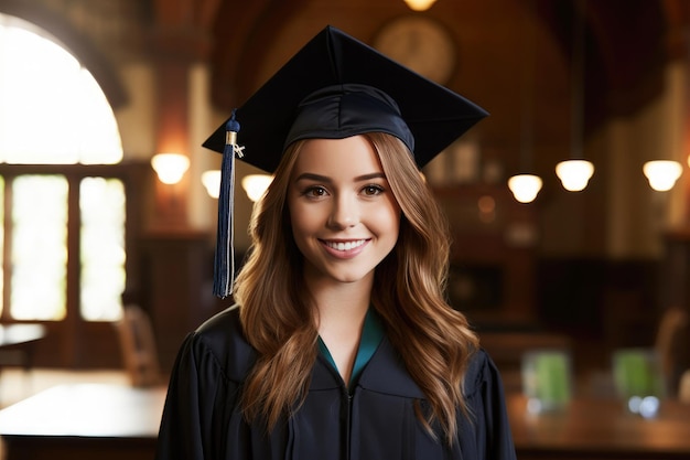 Portrait of a smiling female graduate in cap and student gown looking at camera