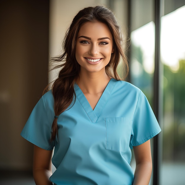 Portrait of a smiling female nurse standing in a hospital corridor