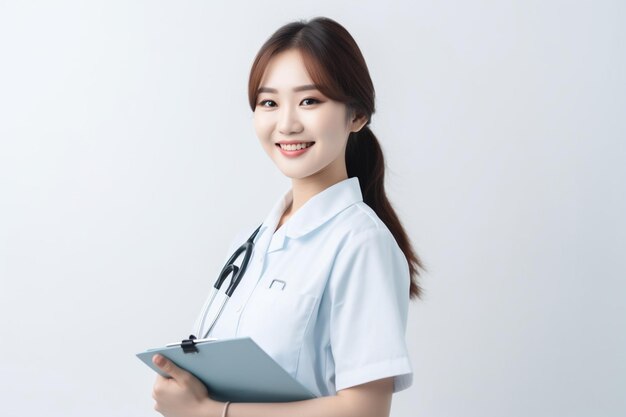 Portrait of a smiling female nurse with stethoscope and clipboard