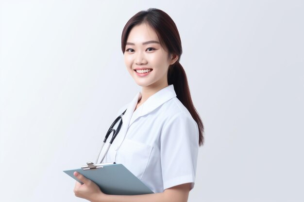 Portrait of a smiling female nurse with stethoscope and clipboard