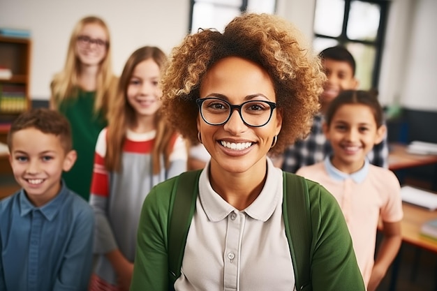 Portrait of smiling female teacher in a class at elementary school looking at camera with students