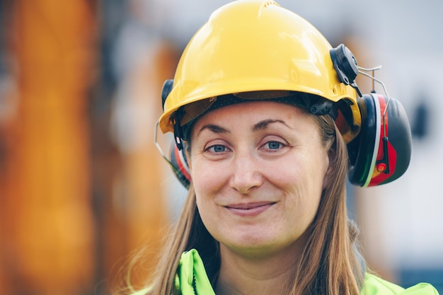 Photo portrait of smiling female worker wearing hardhat and ear muffs