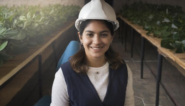 Portrait of smiling female worker wearing hardhat in flower shop