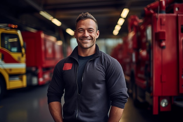 Portrait of a smiling firefighter standing in front of a fire station