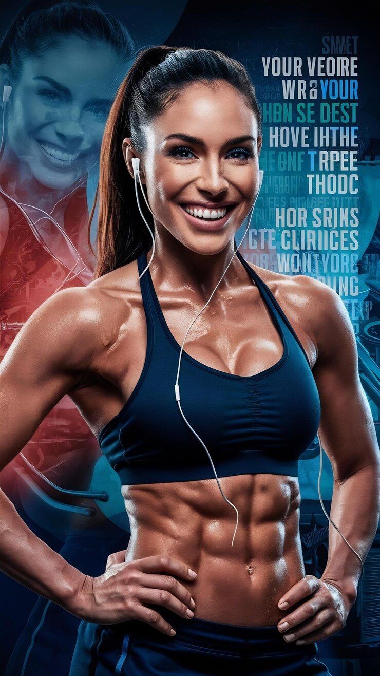 Photo portrait of a smiling fitness woman in earphones