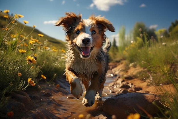 портрет улыбающейся пушистой очаровательной собаки